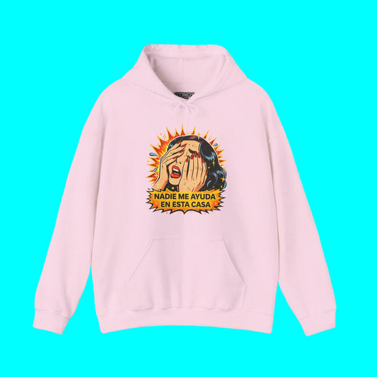 Pink hoodie with graphic design on a white background