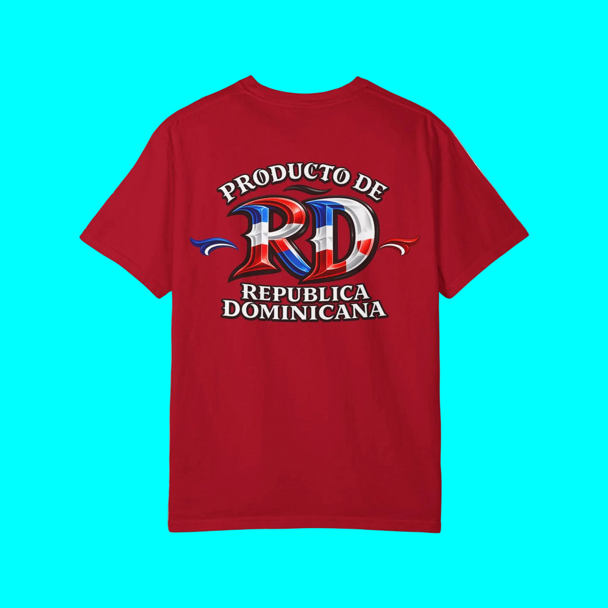 A red short-sleeve t-shirt with a graphic on the chest that reads 'PRODUCTO DE REPUBLICA DOMINICANA' around a stylized 'RD' filled with the Dominican flag colors, shown on a plain white background.