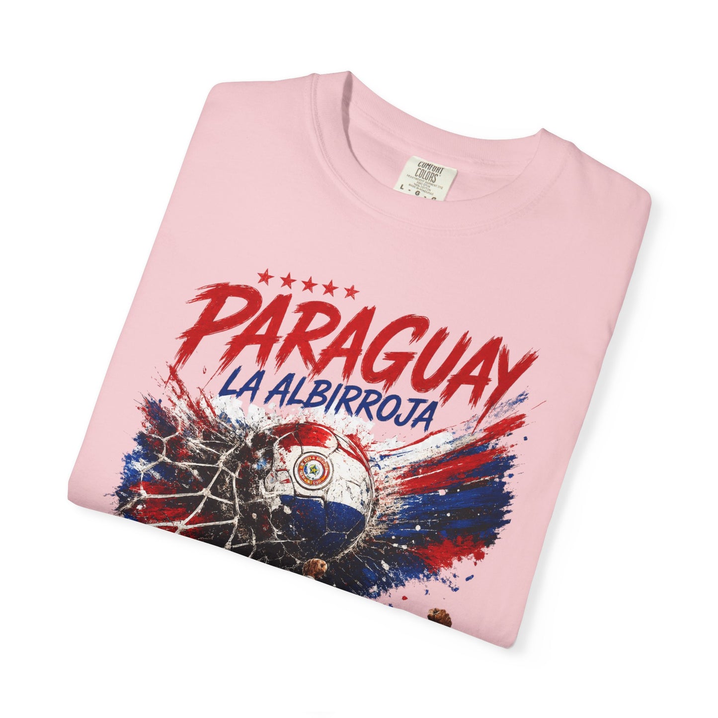 Folded pink t-shirt with 'Paraguay La Albirroja' text and flag design on a white background