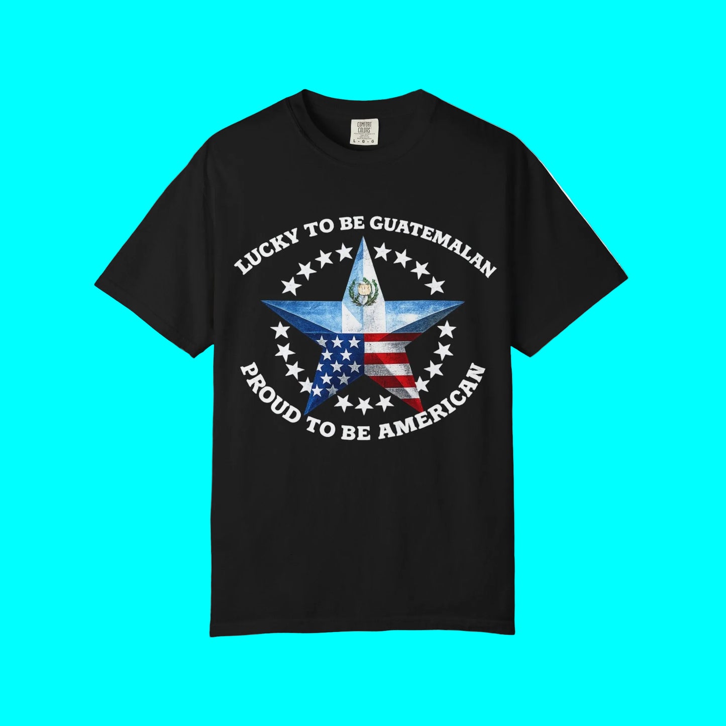 Black t-shirt with a star design and text on a white background