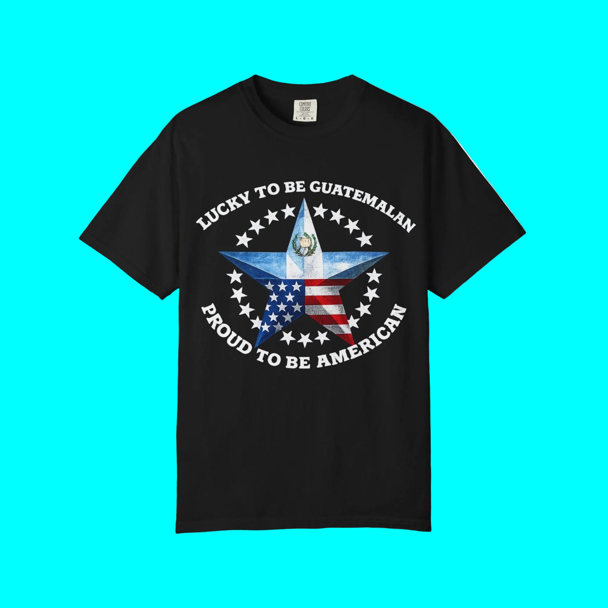 Black t-shirt with a star design and text on a white background
