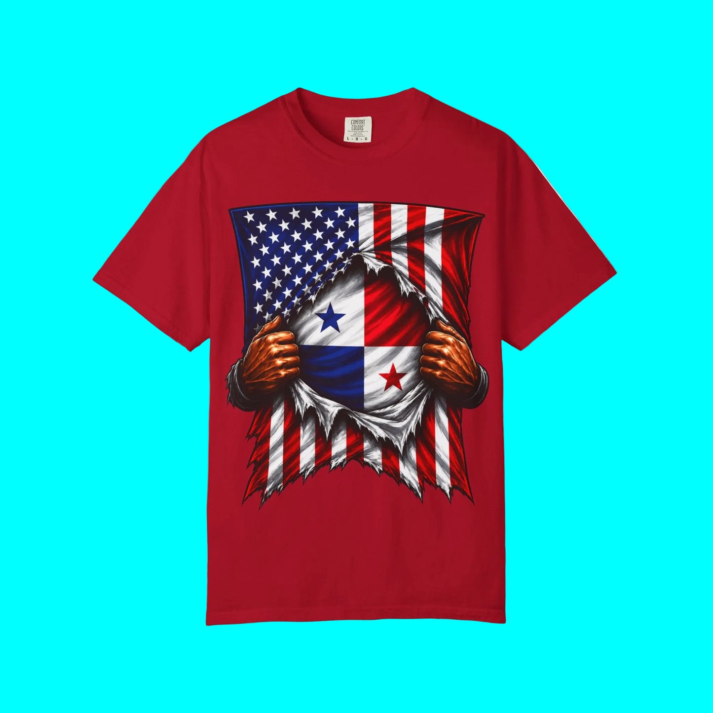 A red short-sleeve crewneck t-shirt featuring a graphic print of a patriotic design. The graphic shows a torn effect revealing a flag design with the United States flag on the left and the Panamanian flag on the right, held together by two clenched fists in the center.