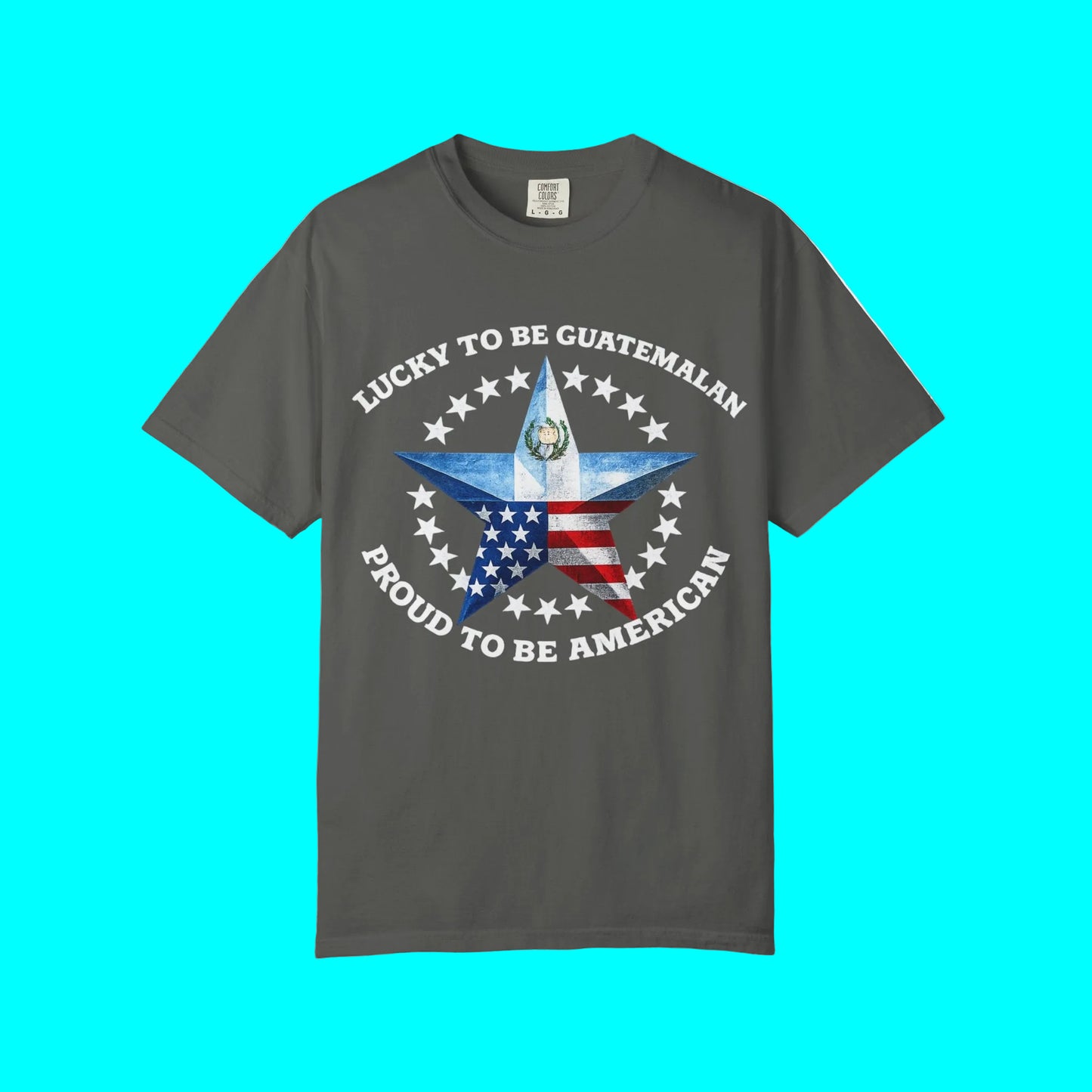 Gray t-shirt with a star design featuring text and colors on a white background