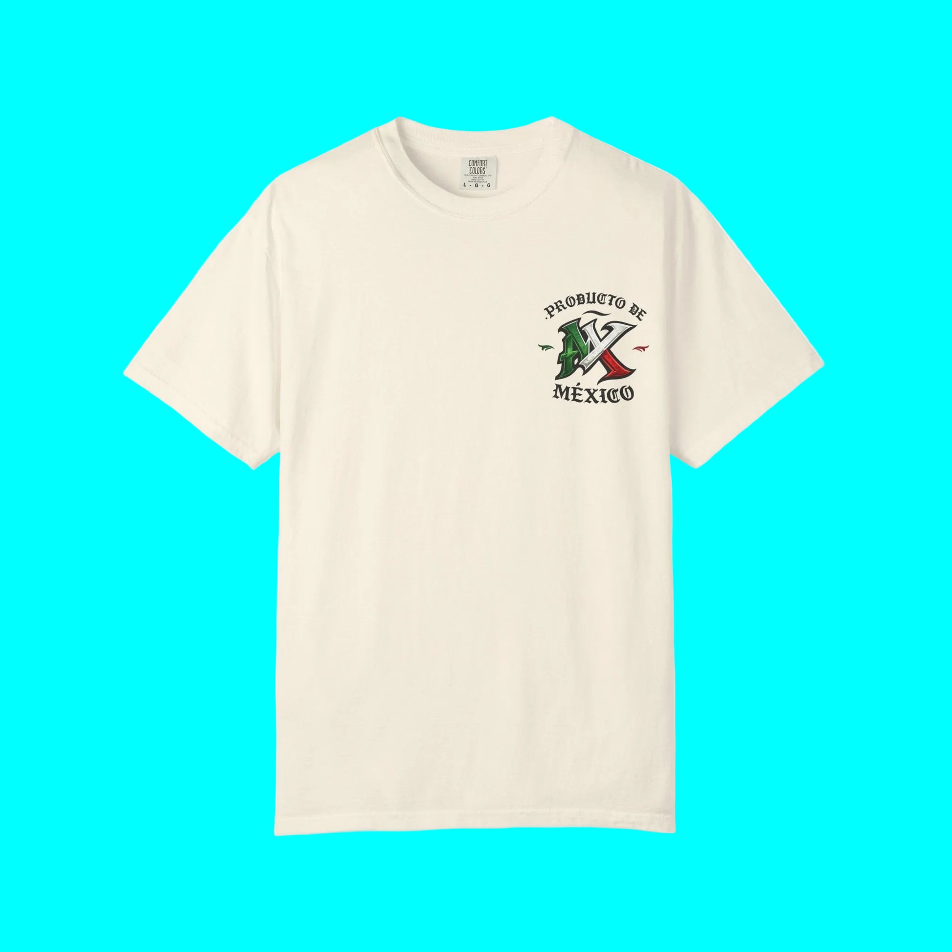 An off-white short-sleeve crewneck t-shirt with a small graphic on the left chest depicting a green and red Mexican flag with the text 'PRODUCTO DE MEXICO'.