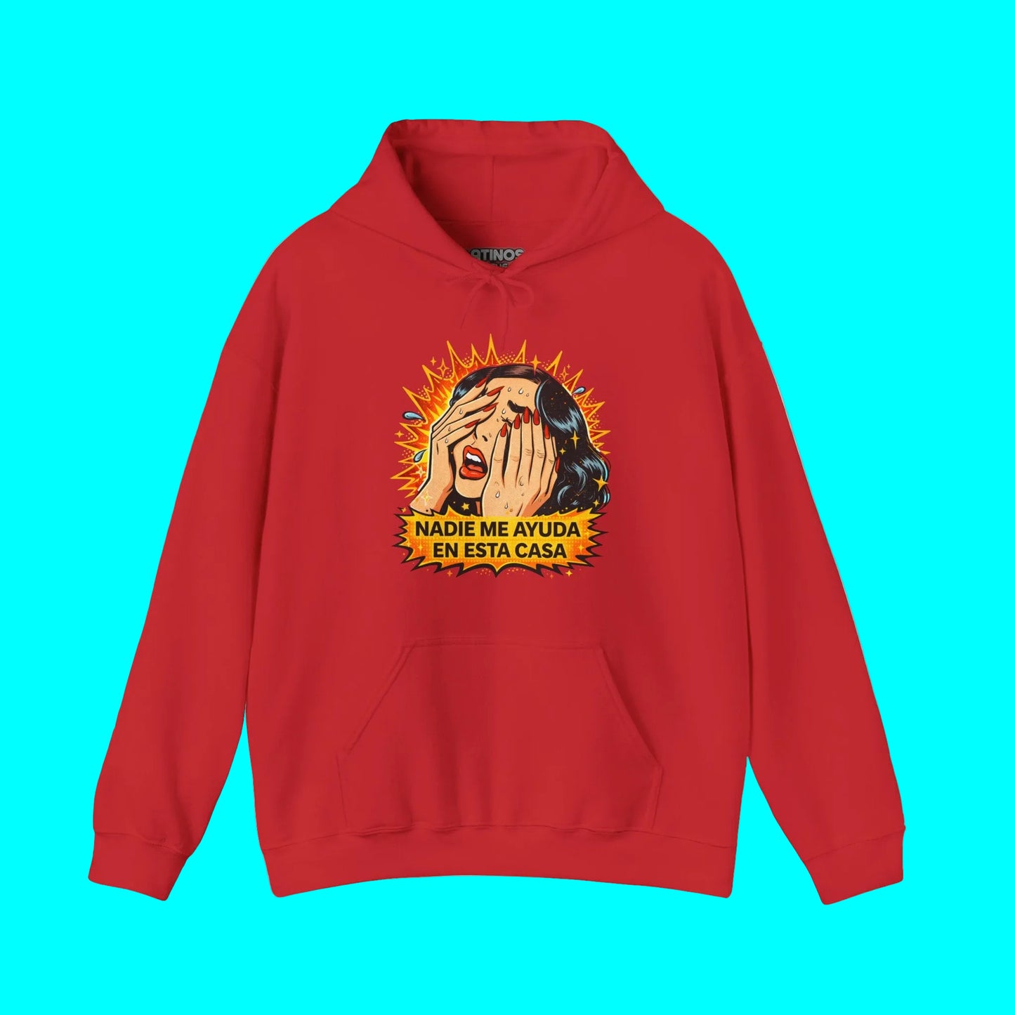 Red hoodie with graphic design and text on a white background