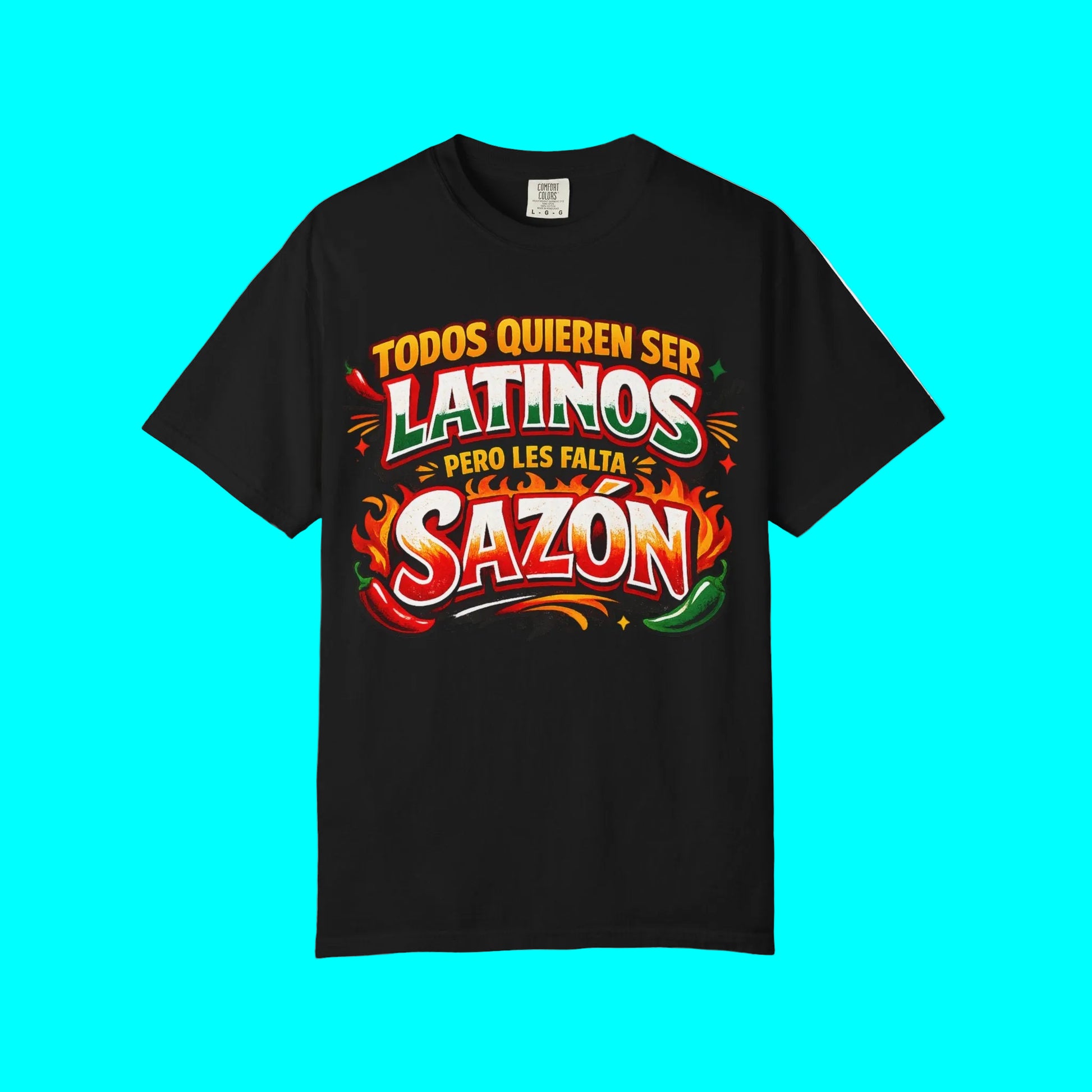 Black t-shirt with colorful text and graphics on a white background