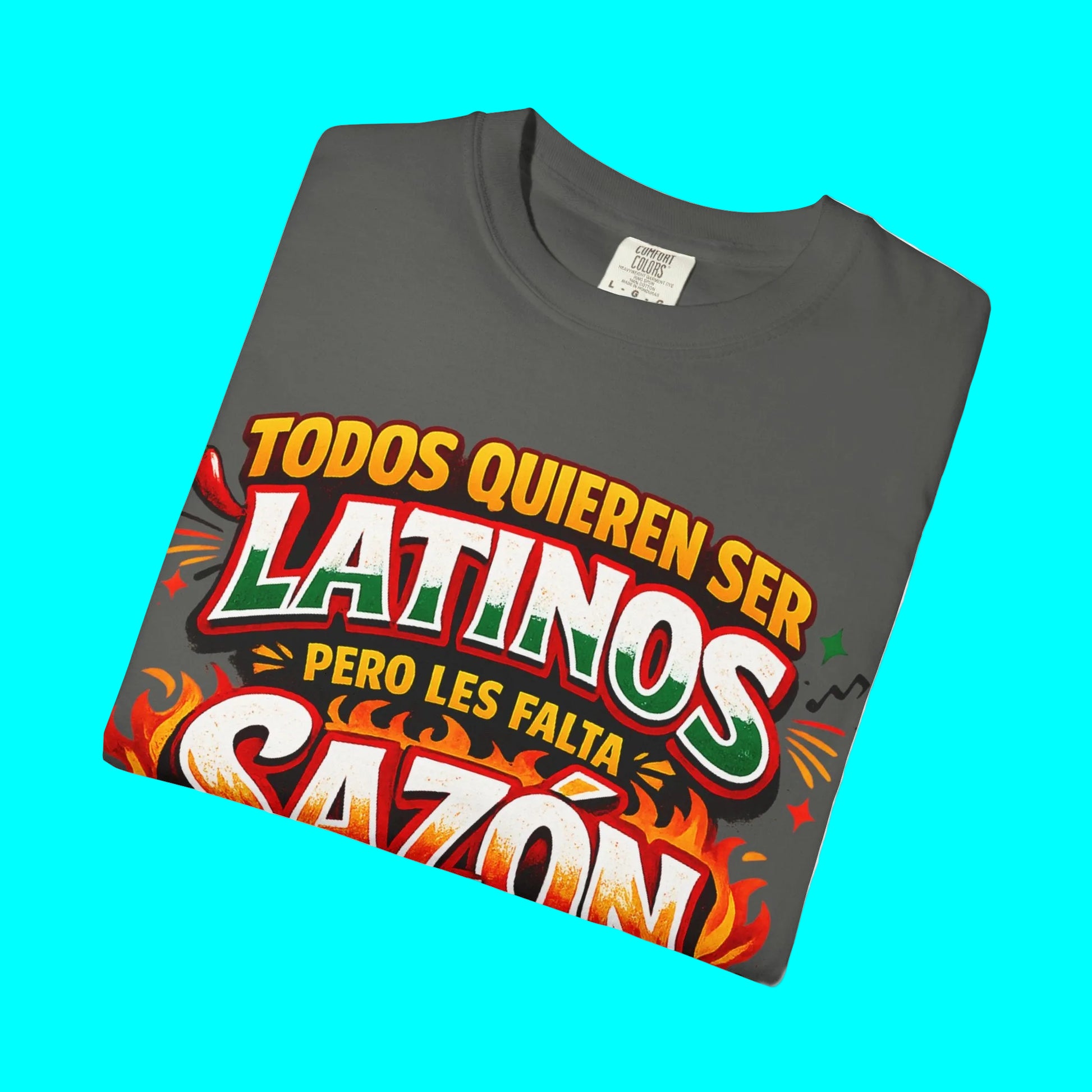 Gray t-shirt with colorful text design on a white background