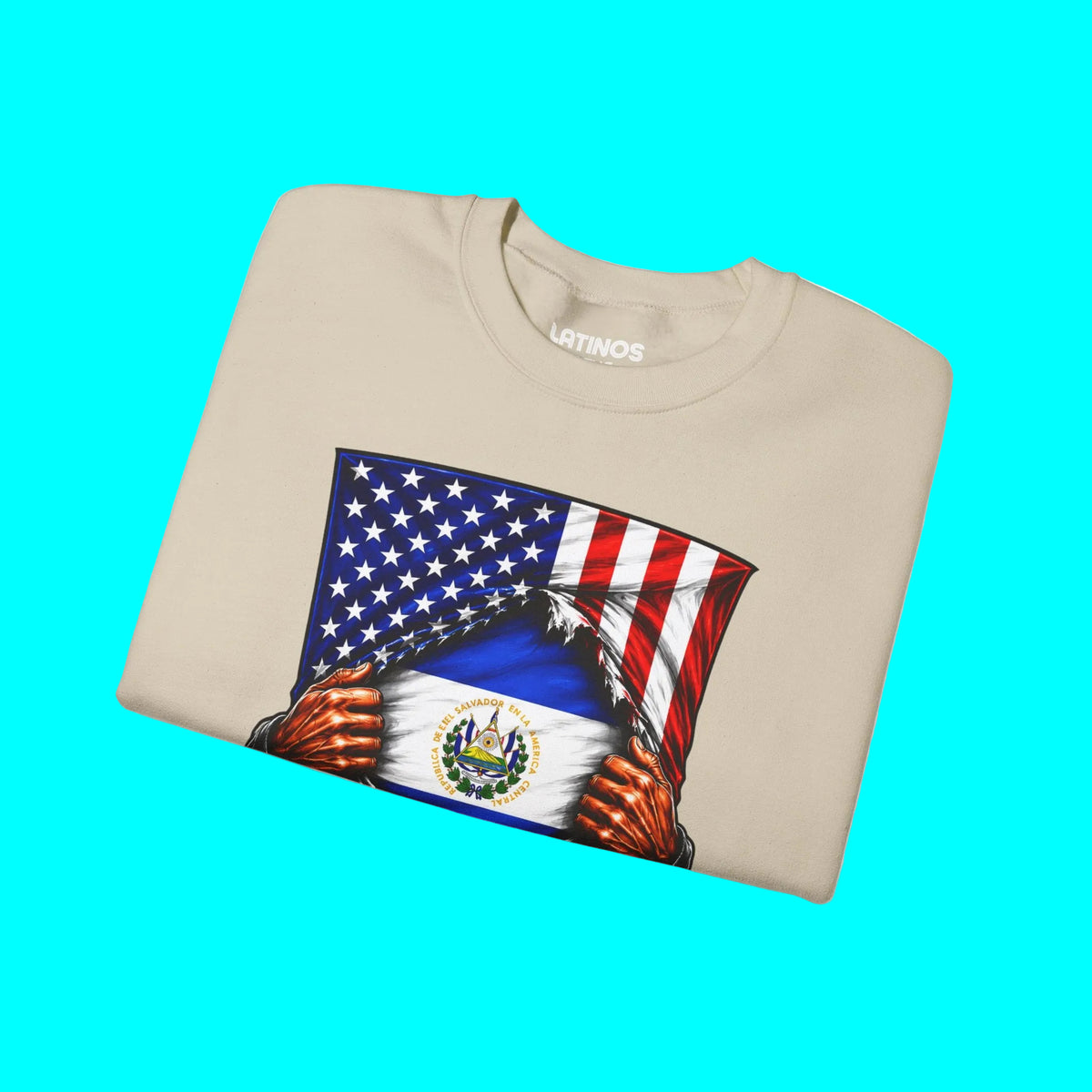 El Salvador Flag + USA Flag Heritage Crewneck Sweatshirt  | Salvadorian + American Culture Flag Rip 4th Of July | Funny Viral Latino | Heavyweight Fleece-Lined