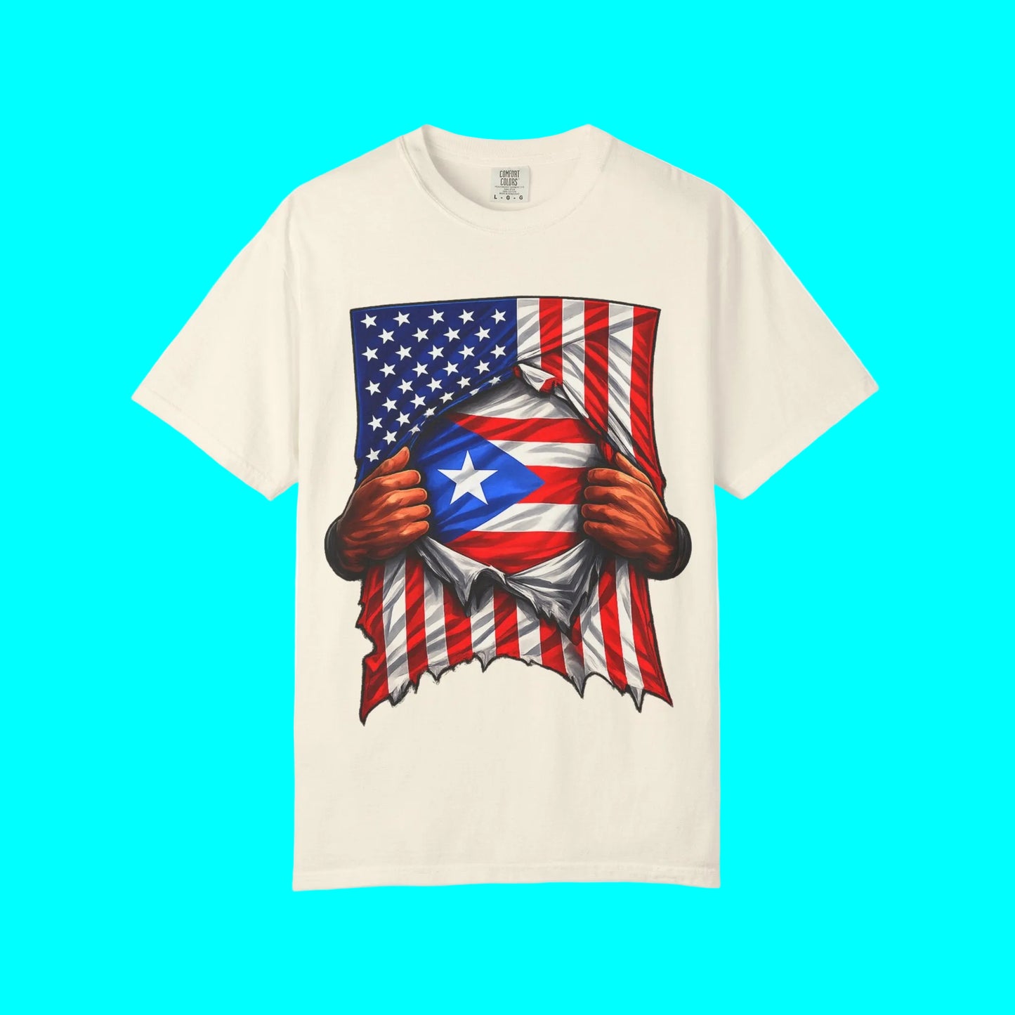 T-shirt with American and Puerto Rican flag design on a white background
