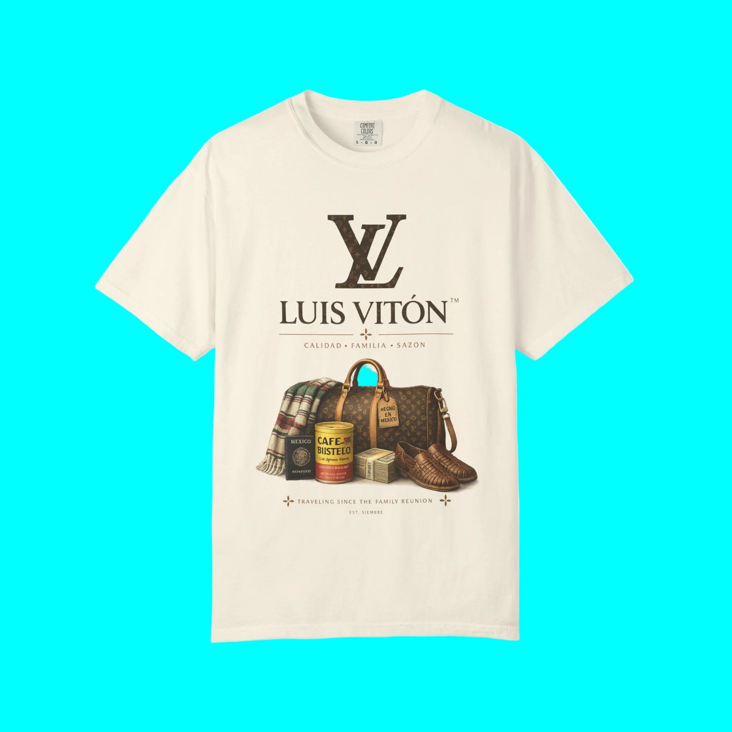 Beige t-shirt with Luis Viton graphic on a white background