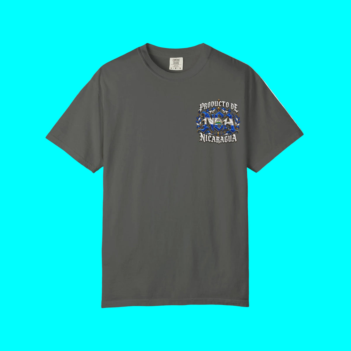 Gray t-shirt with a logo on a white background