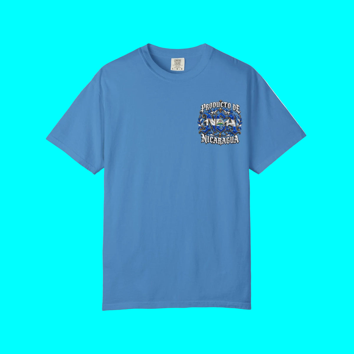 A blue short-sleeve crewneck t-shirt with a small graphic on the left chest featuring the Nicaraguan flag and the text 'PRODUCTO DE NICARAGUA'.