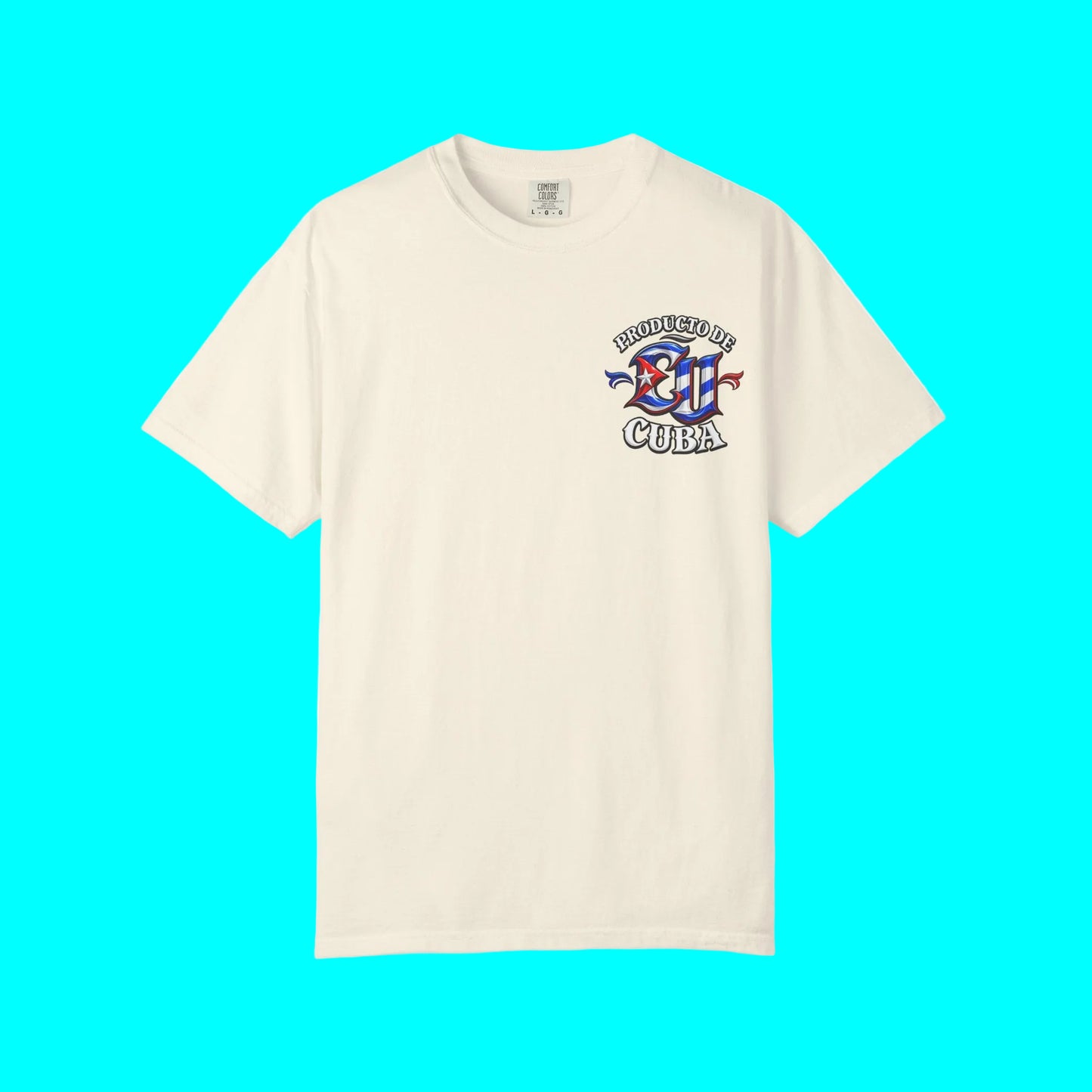 An off-white short-sleeve crewneck t-shirt with a small chest graphic on the left side. The graphic features a circular emblem with a fish and a banner reading 'FIGHT LINE'.