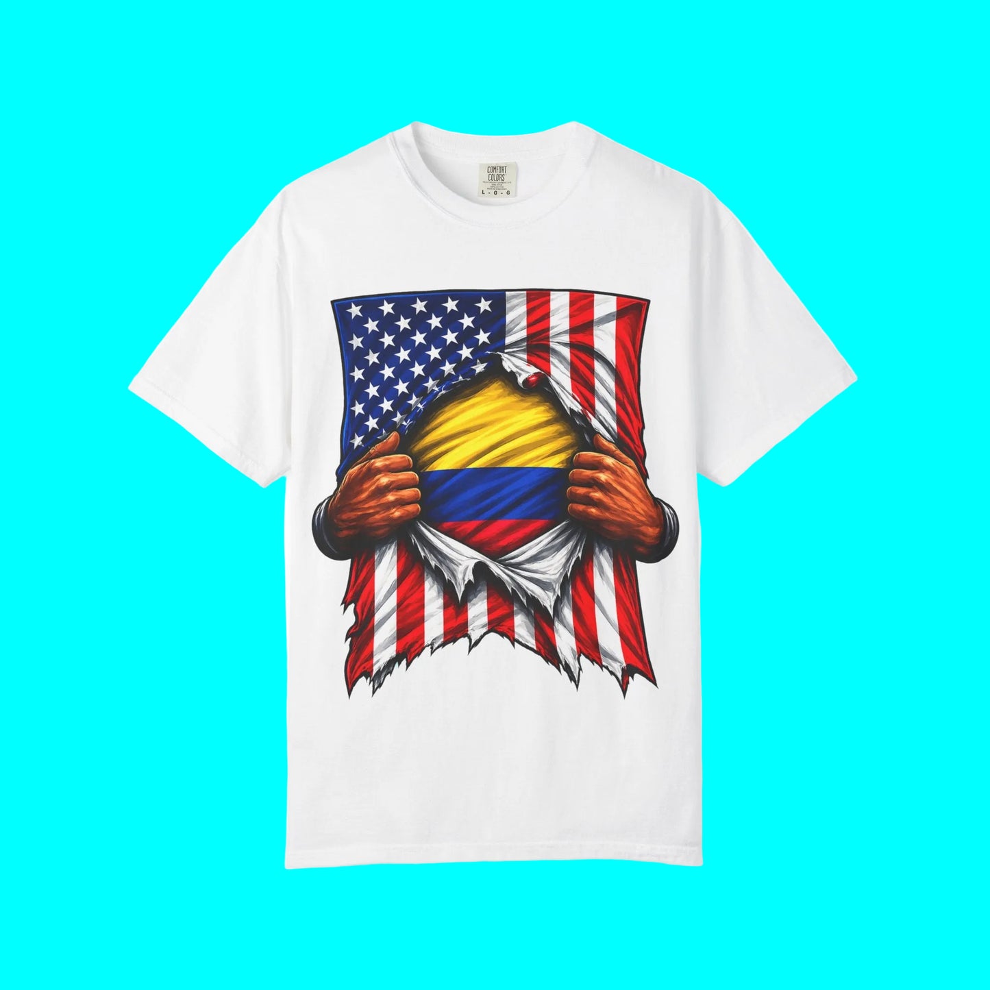 White t-shirt with a graphic design of two flags and hands on a white background