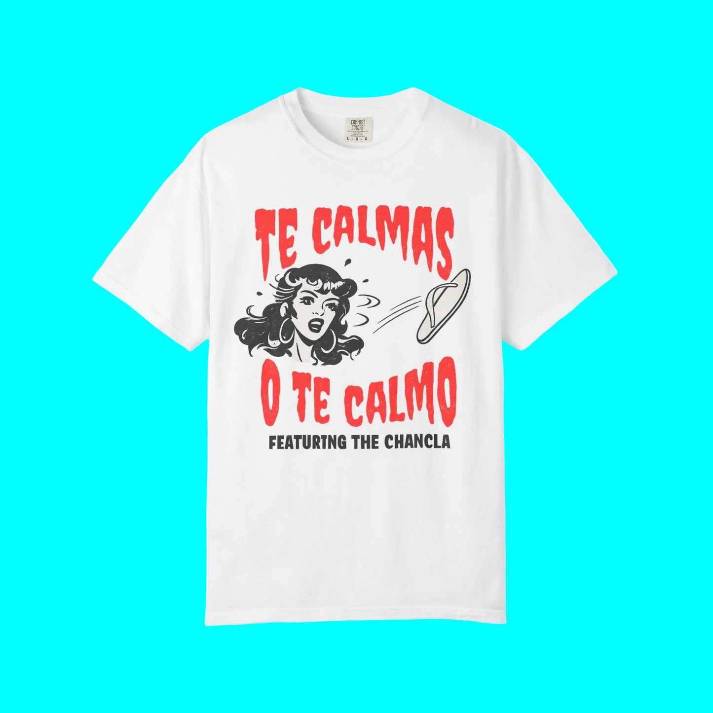 White t-shirt with red and black graphic design on a white background