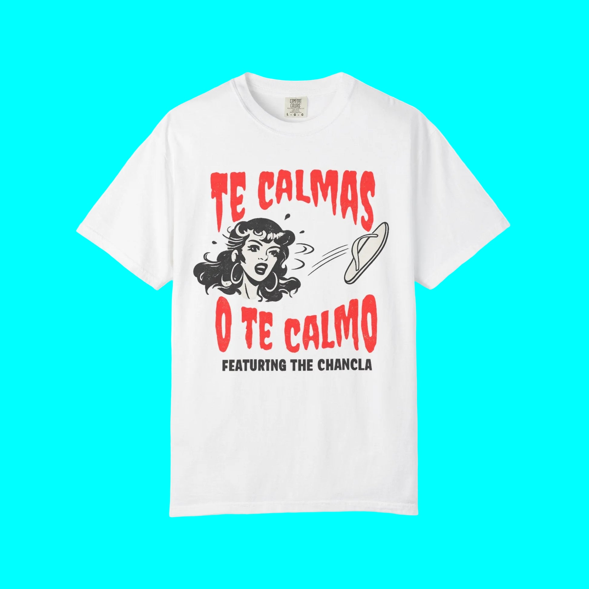 White t-shirt with red and black graphic design on a white background