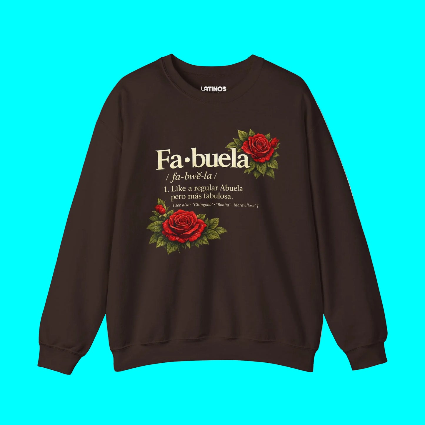 Brown sweatshirt with red roses and text on a white background