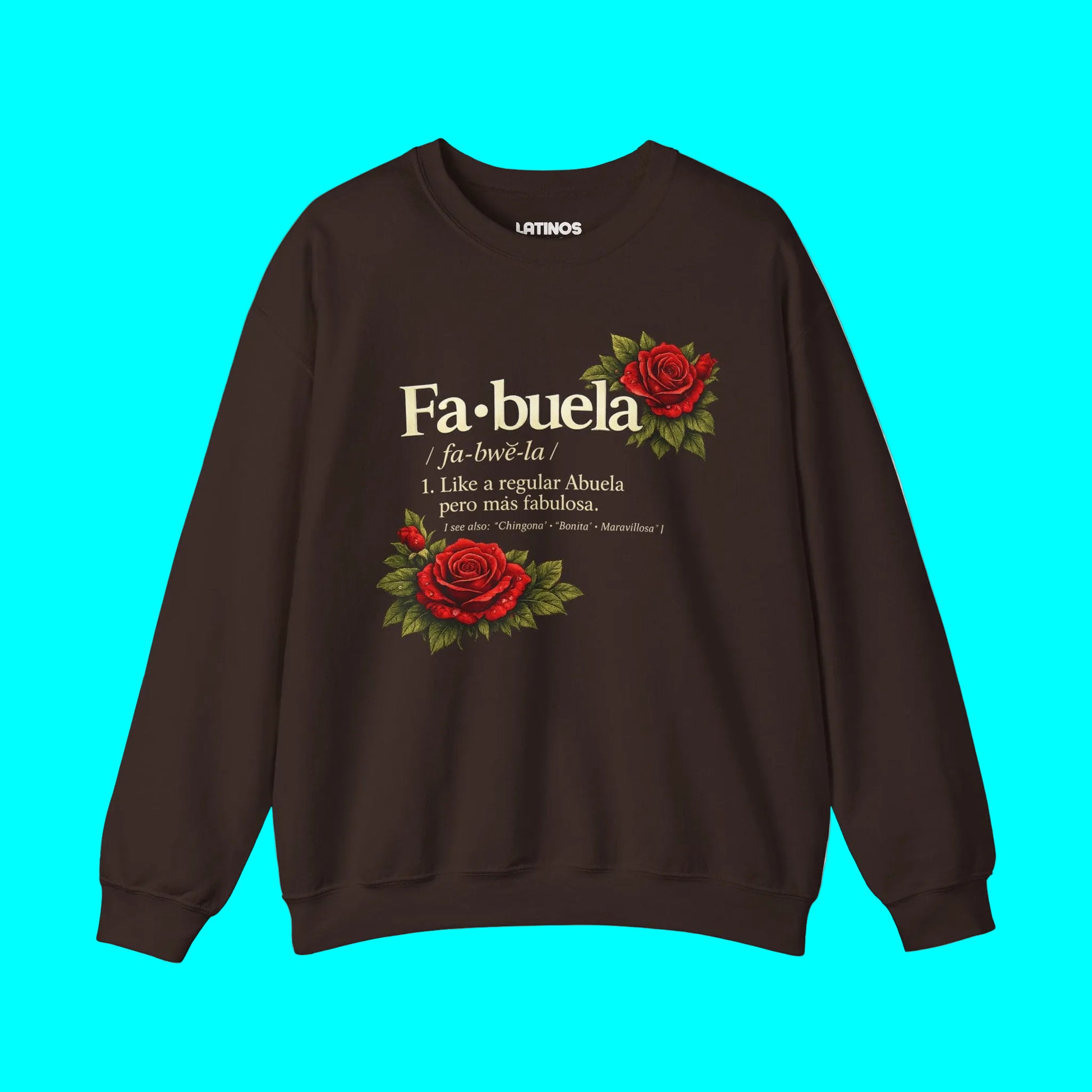 Brown sweatshirt with red roses and text on a white background