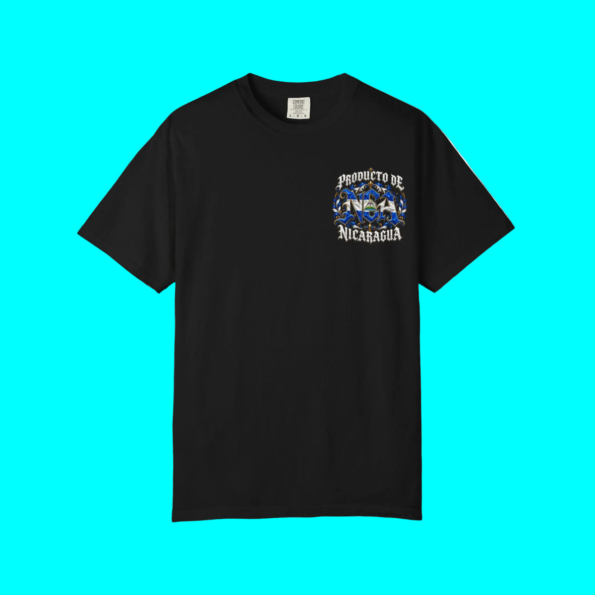 Black t-shirt with a logo on the chest against a white background