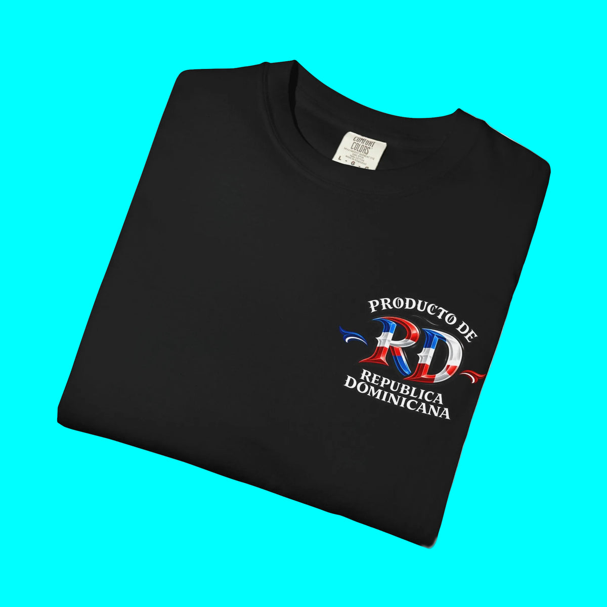 Folded navy blue t-shirt with colorful logo and text on a white background