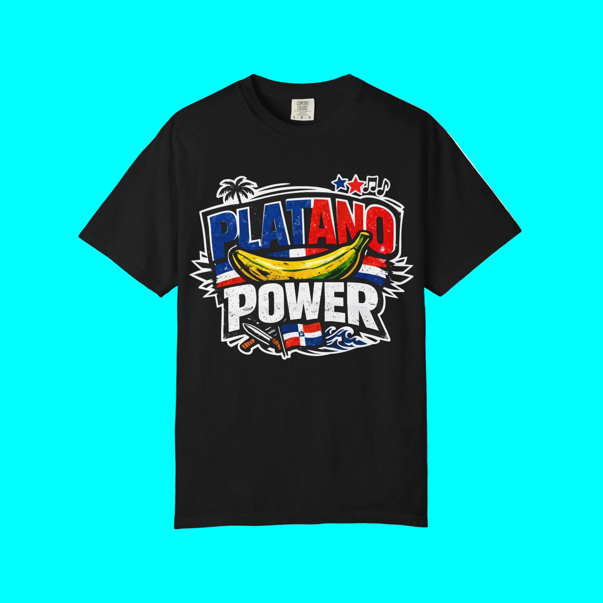 Black t-shirt with 'Platano Power' graphic design featuring a banana on a white background