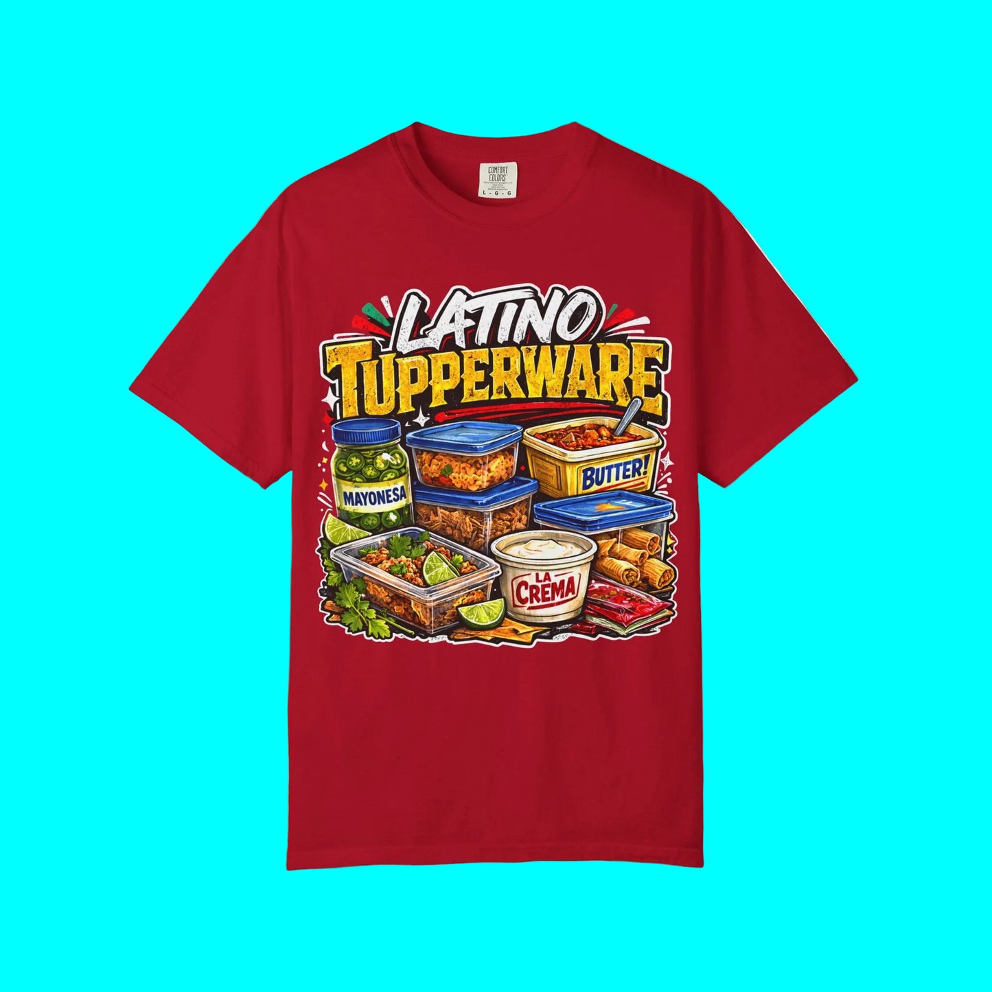Red t-shirt with 'Latino Tupperware' graphic design on a white background