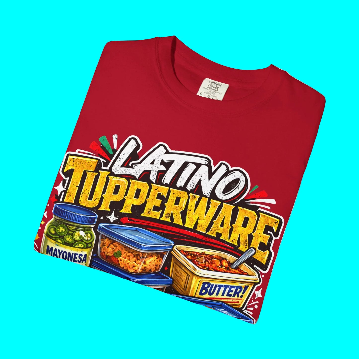 Red t-shirt with 'Latino Tupperware' graphic design on a white background