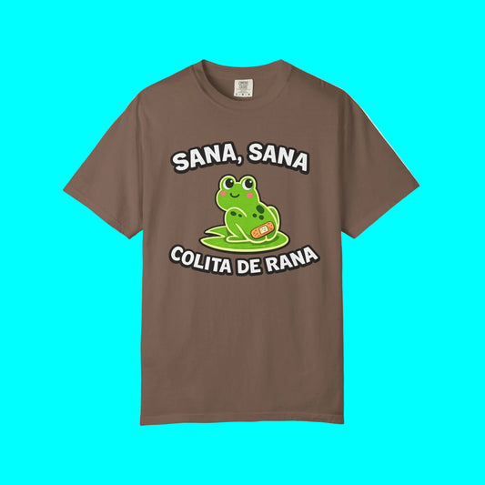 Brown t-shirt with a green frog graphic and text on a white background
