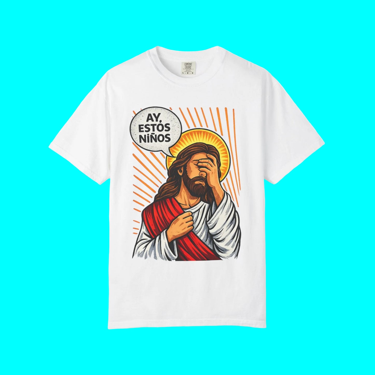 White t-shirt with a graphic of a stylized Jesus holding a child and a speech bubble with text, on a white background.