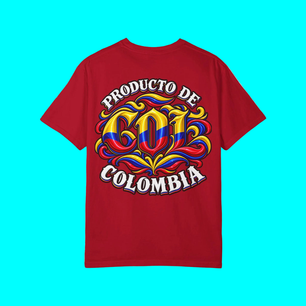 A red short-sleeve t-shirt with a large graphic on the front reading 'PRODUCTO DE COLOMBIA' in white letters, with 'COLOMBIA' filled with the Colombian flag colors and decorative swirls.