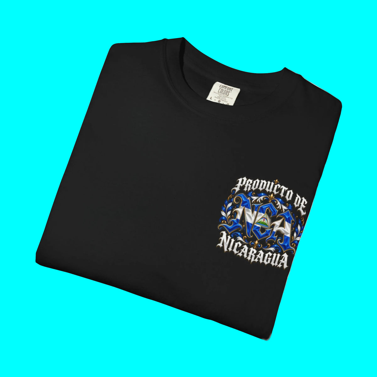 Folded black t-shirt with HGX logo on a white background