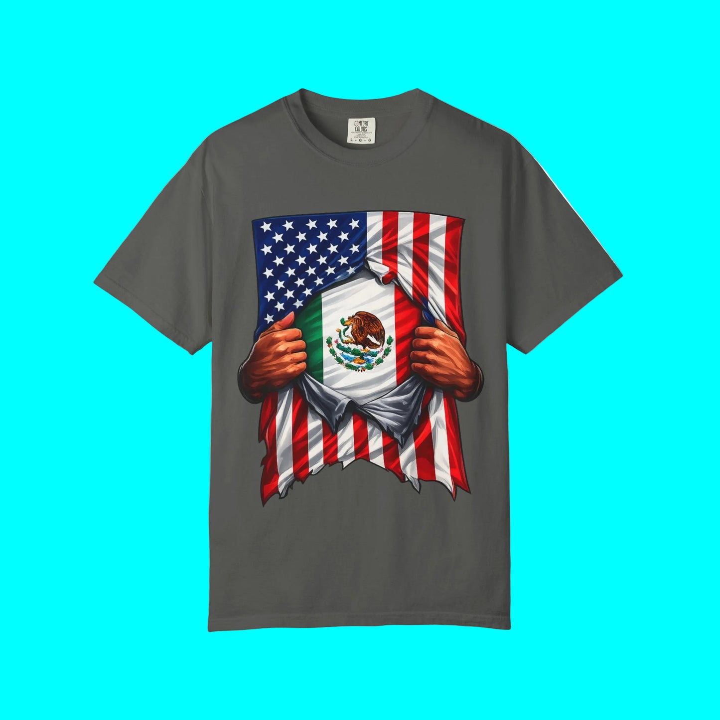 Gray t-shirt with American and Mexican flag graphic on a white background
