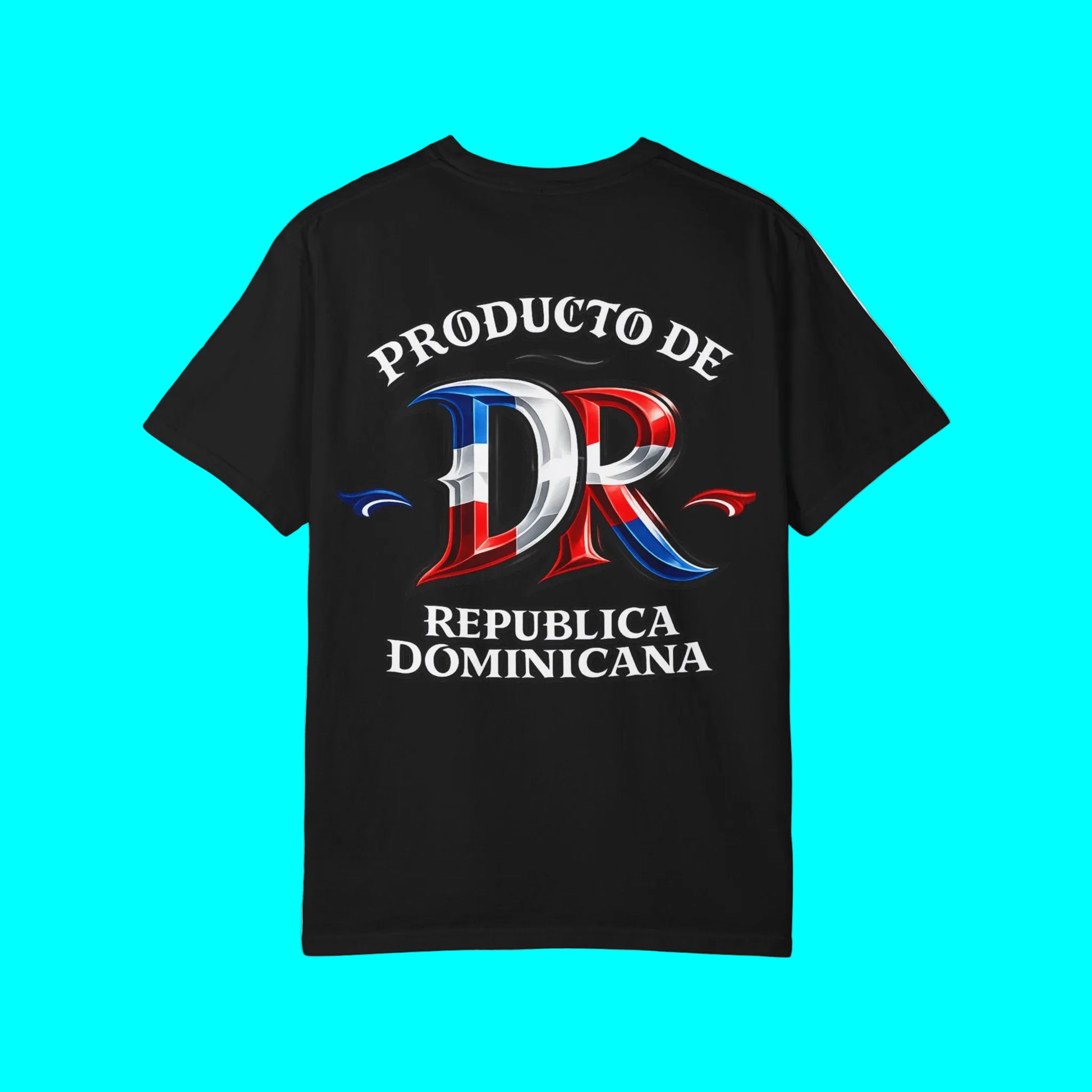A black short-sleeve t-shirt with a graphic on the front reading 'PRODUCTO DE REPUBLICA DOMINICANA' and a stylized 'DR' monogram in red, white, and blue, shown on a plain white background.