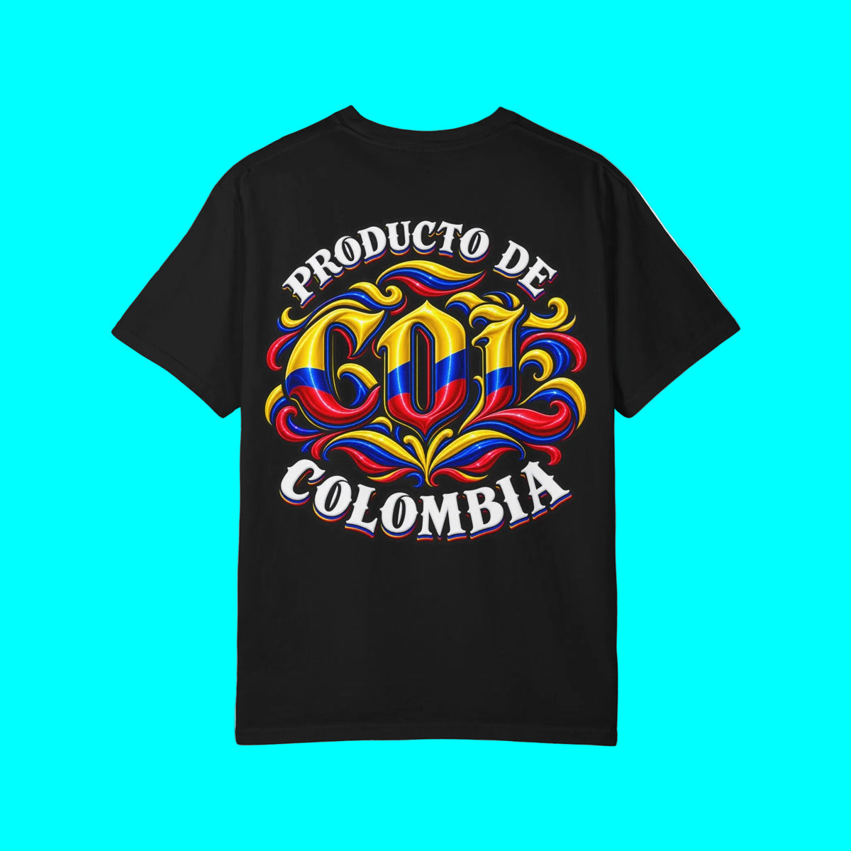 A black short-sleeve t-shirt with a large graphic on the front reading 'PRODUCTO DE COLOMBIA' in white letters, with the letters filled in with the Colombian flag colors (blue, red, and yellow) and decorative swirls, shown on a plain white background.