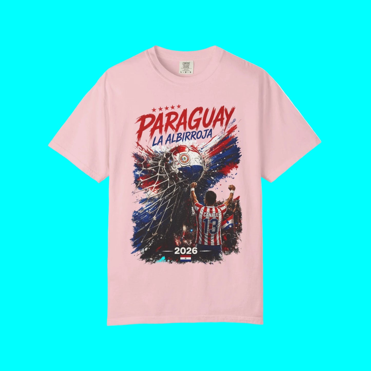 Pink t-shirt with Paraguay-themed graphic and text on a white background