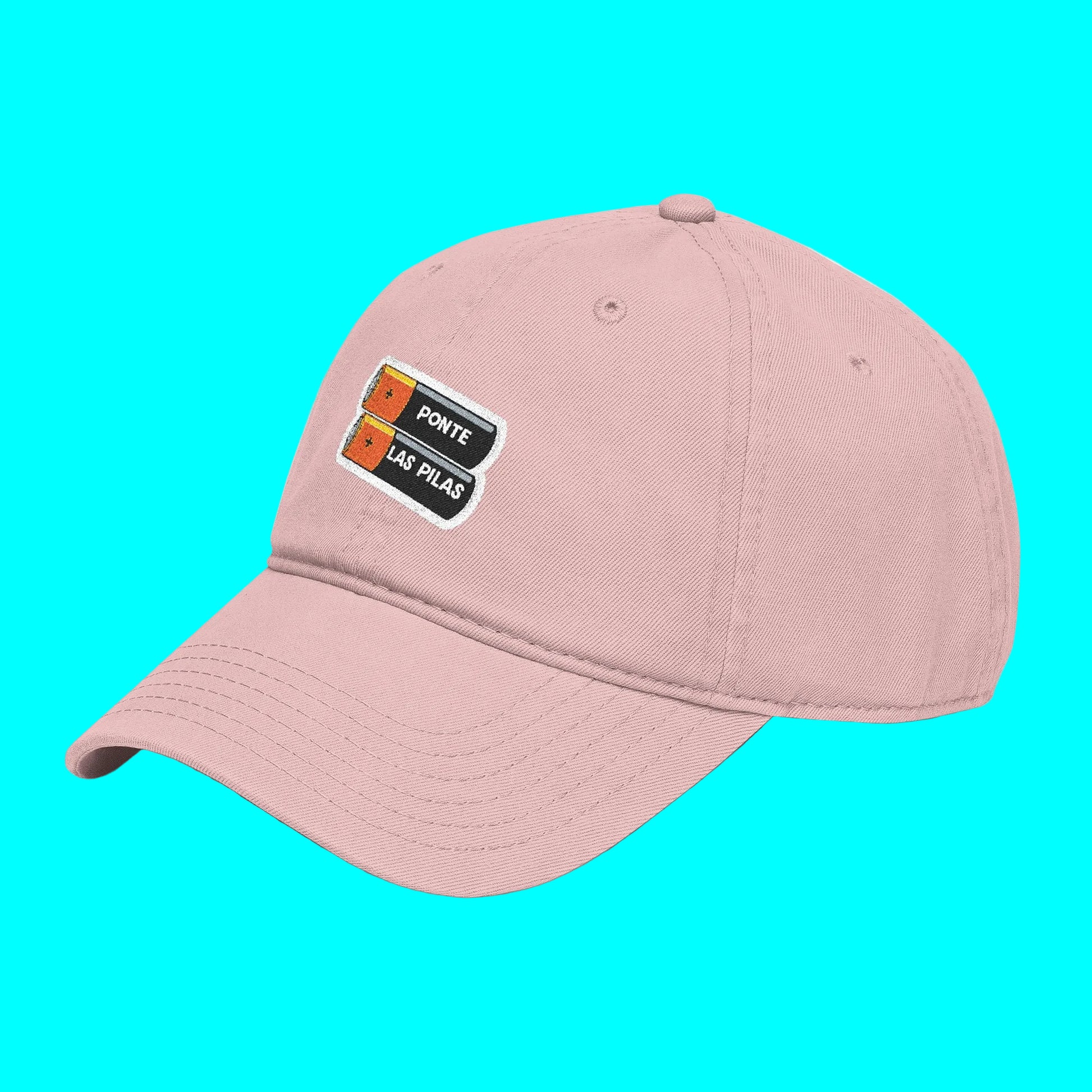 Pink baseball cap with a logo on a white background