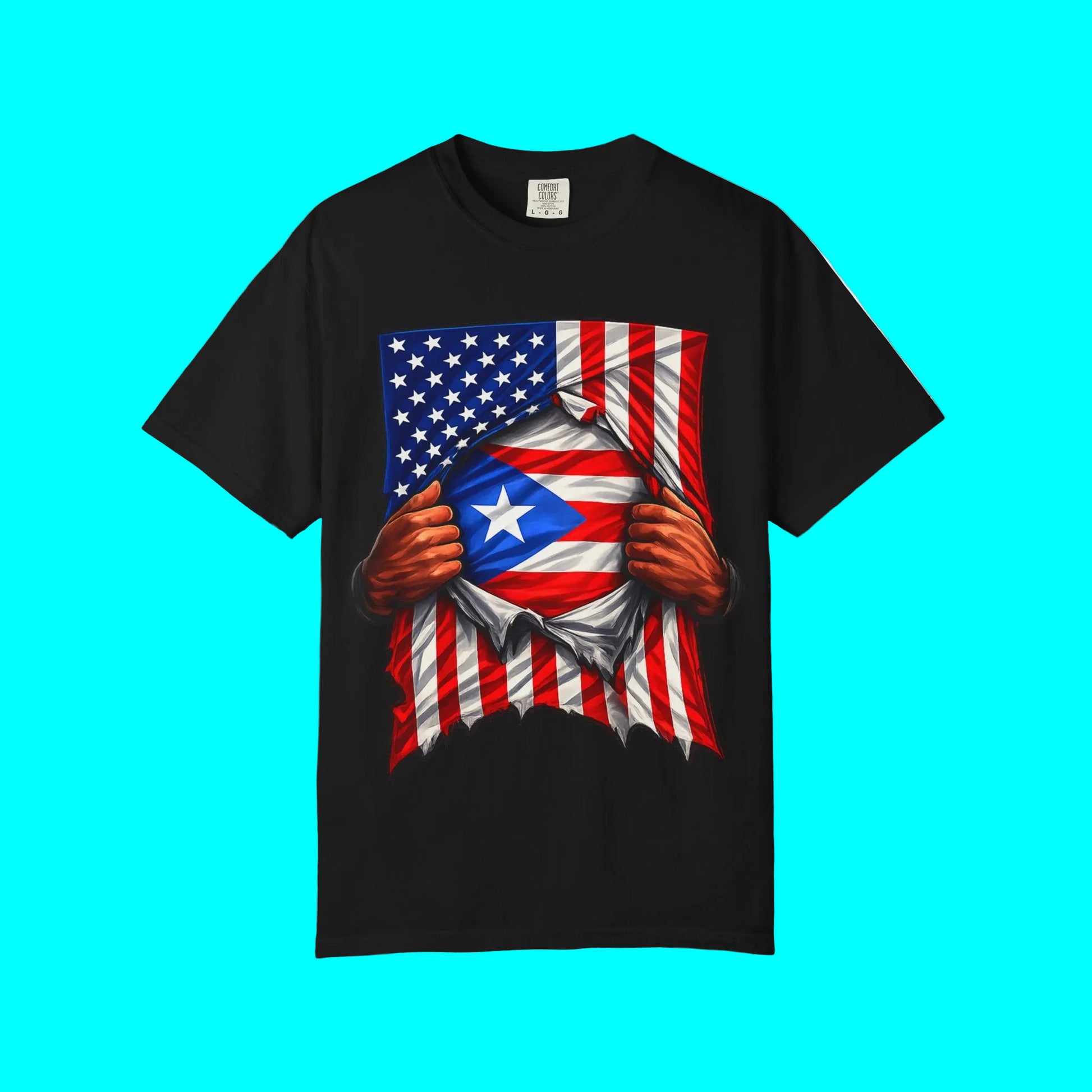 Black t-shirt with American and Puerto Rican flag design on a white background