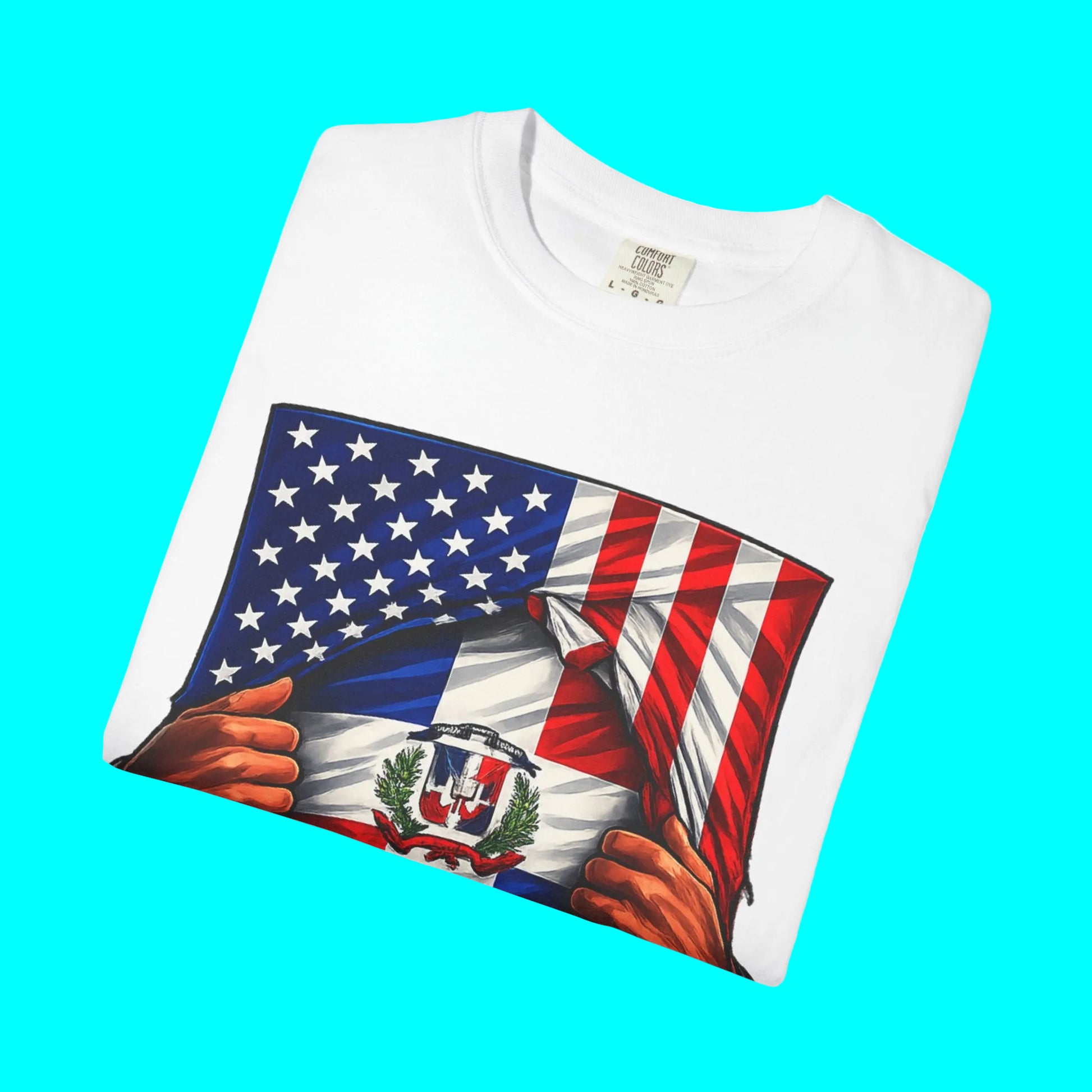 White t-shirt with an American flag and hands design on a white background