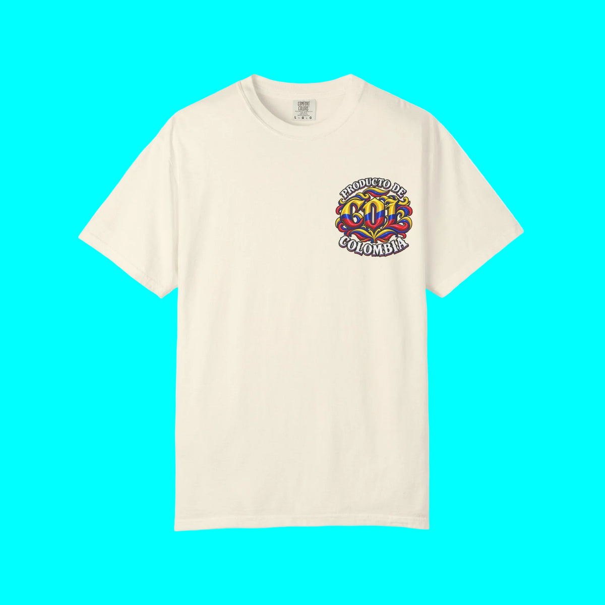 Beige t-shirt with a black circular logo on a white background