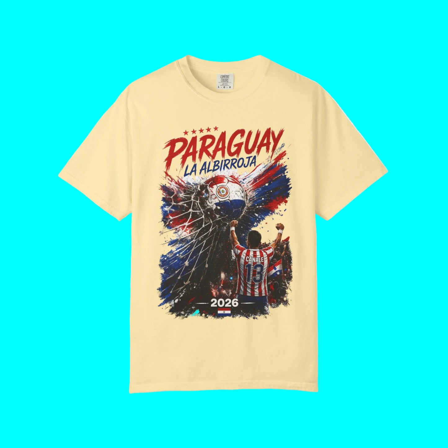 Yellow t-shirt with Paraguay soccer design on a white background
