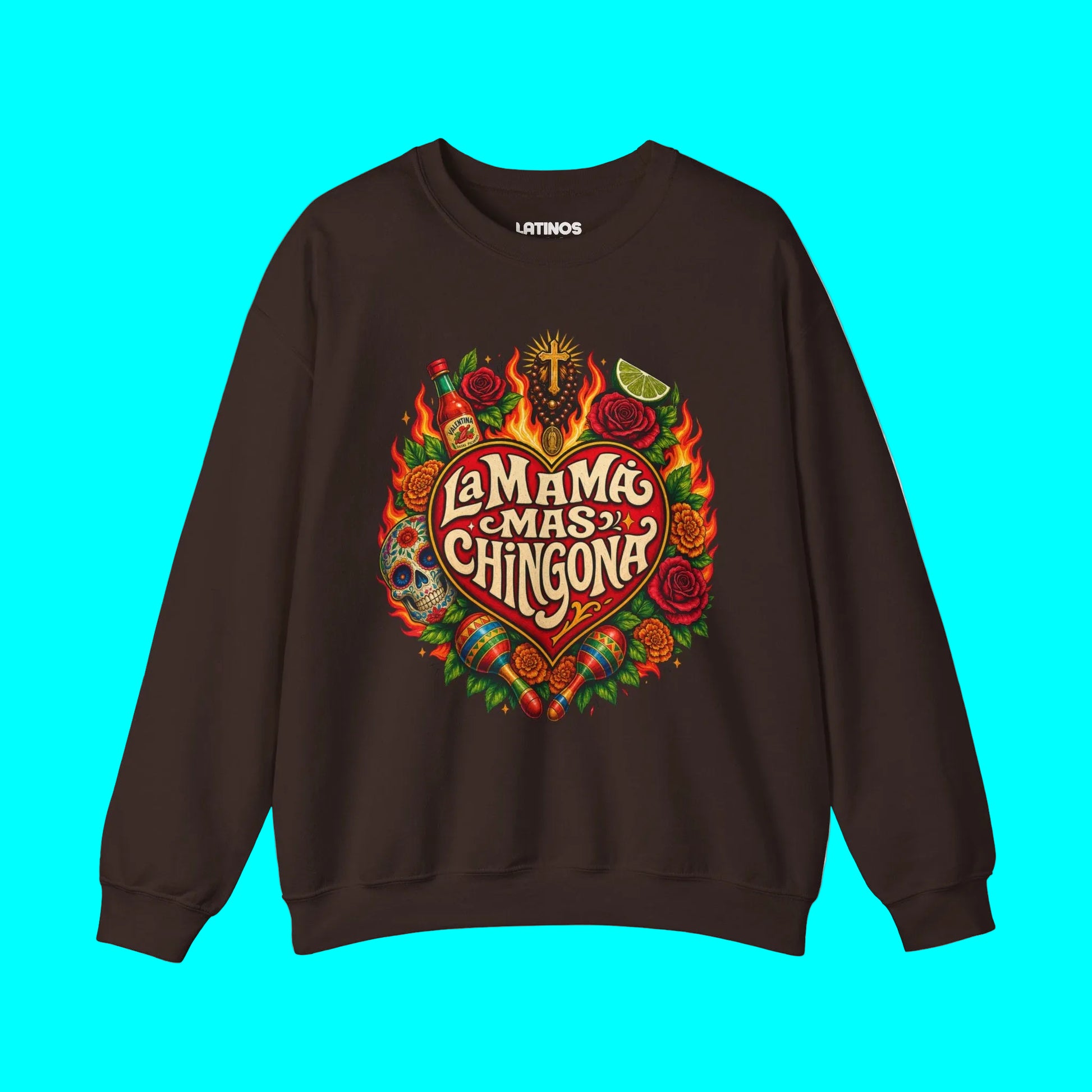 Brown sweatshirt with colorful graphic design on a white background