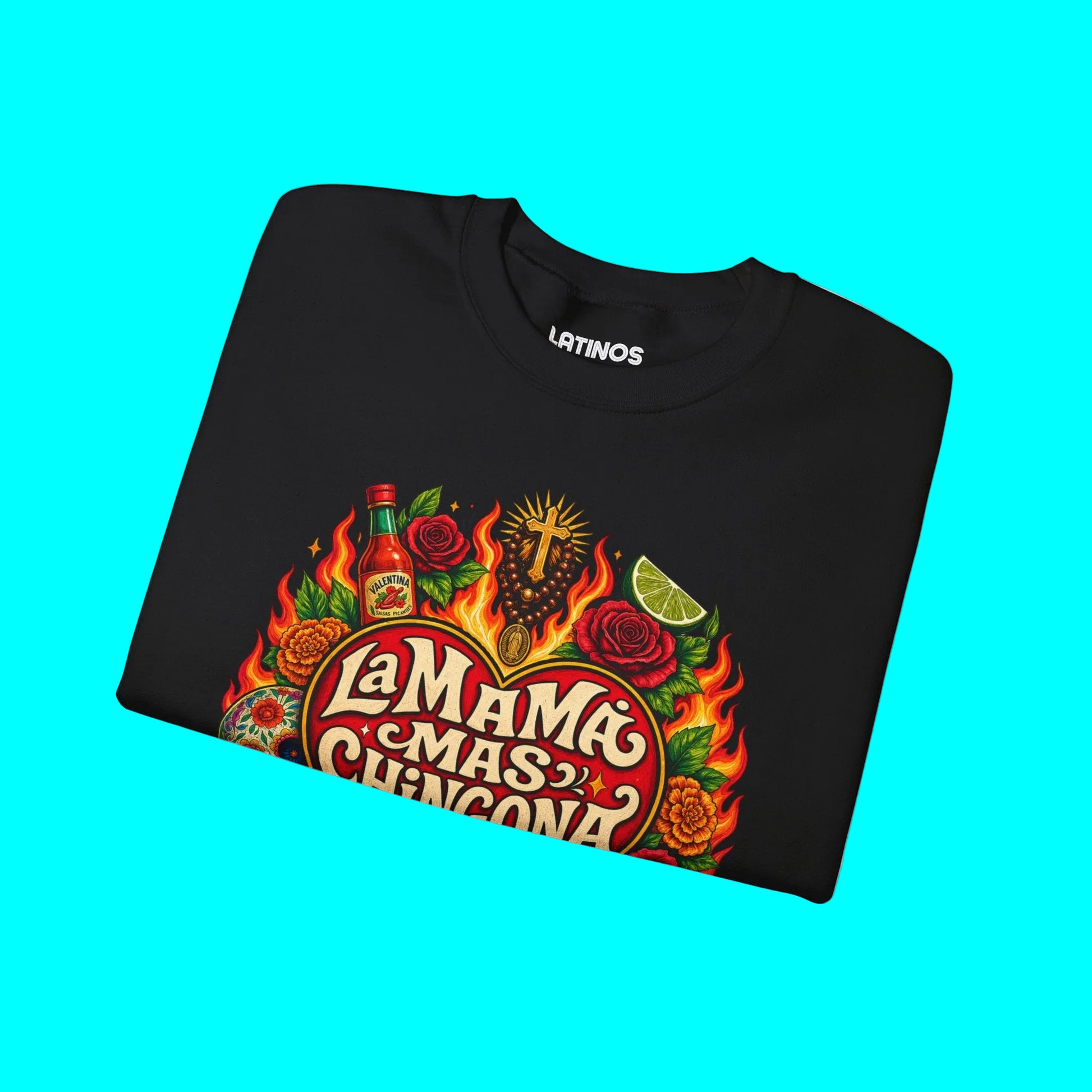 Black sweatshirt with colorful graphic design and 'La MAMó Mas Chingona' text on a white background