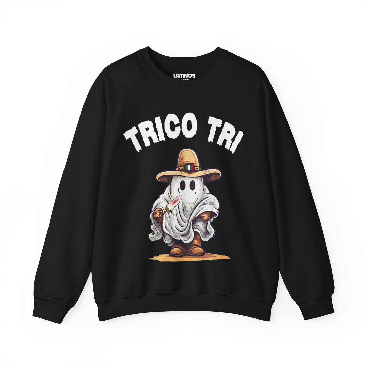 Trico Tri Latino Trick or Treat Spanglish Ghost Crewneck Sweater | Halloween, Boo Scary Spooky Horror Costume Latino | 3 Colors - Unisex