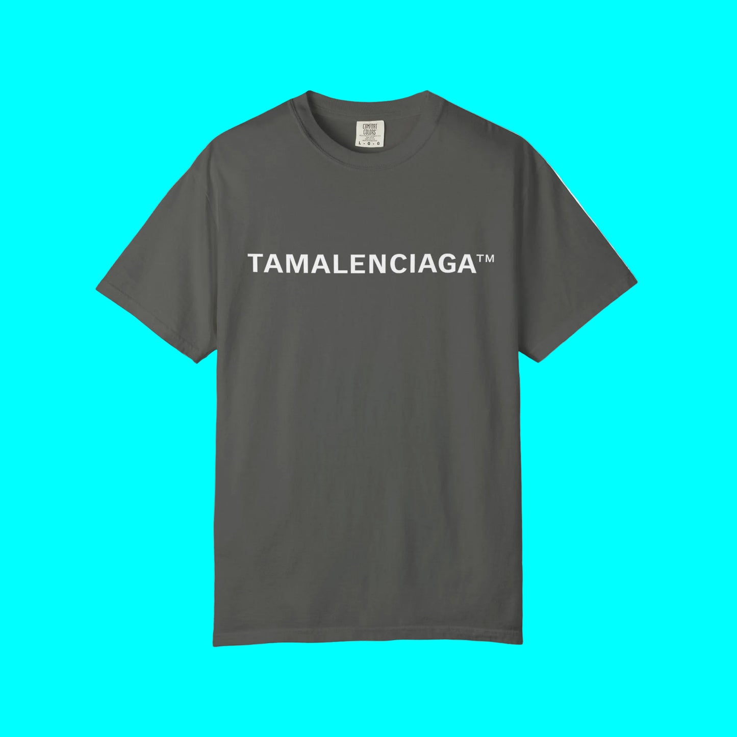 Gray t-shirt with a small logo on a white background