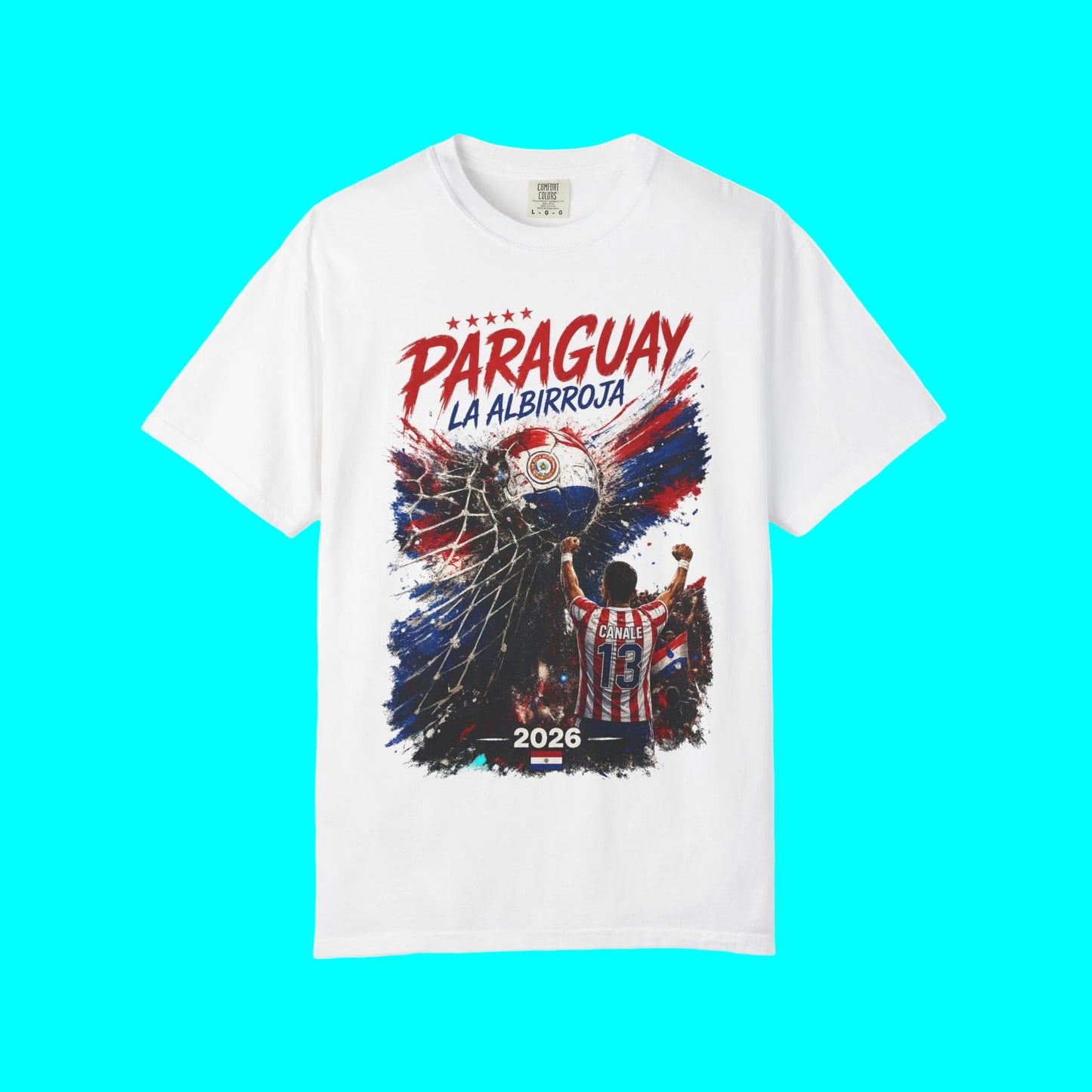 White t-shirt with Paraguay sports team graphic and text on a white background