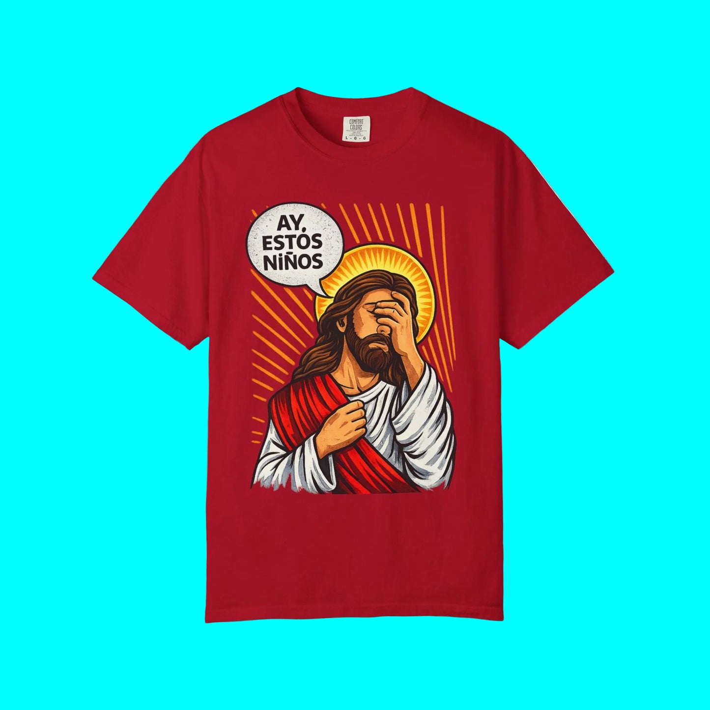 Red t-shirt with a graphic of a stylized religious figure and text bubble on a white background