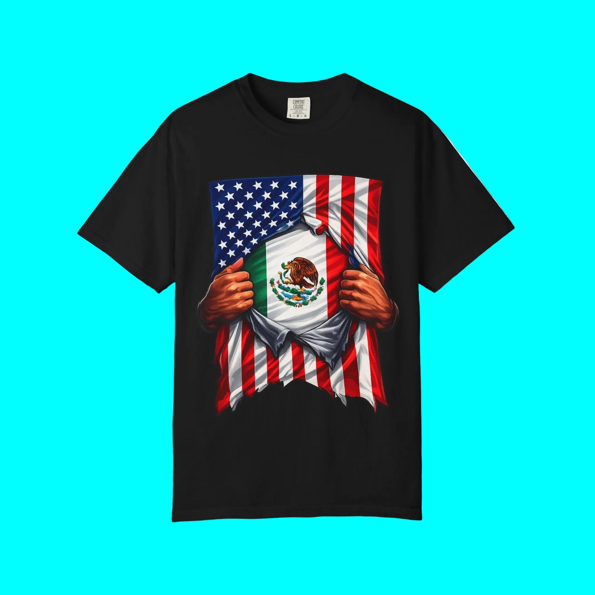 Black t-shirt with American and Mexican flag design on a white background