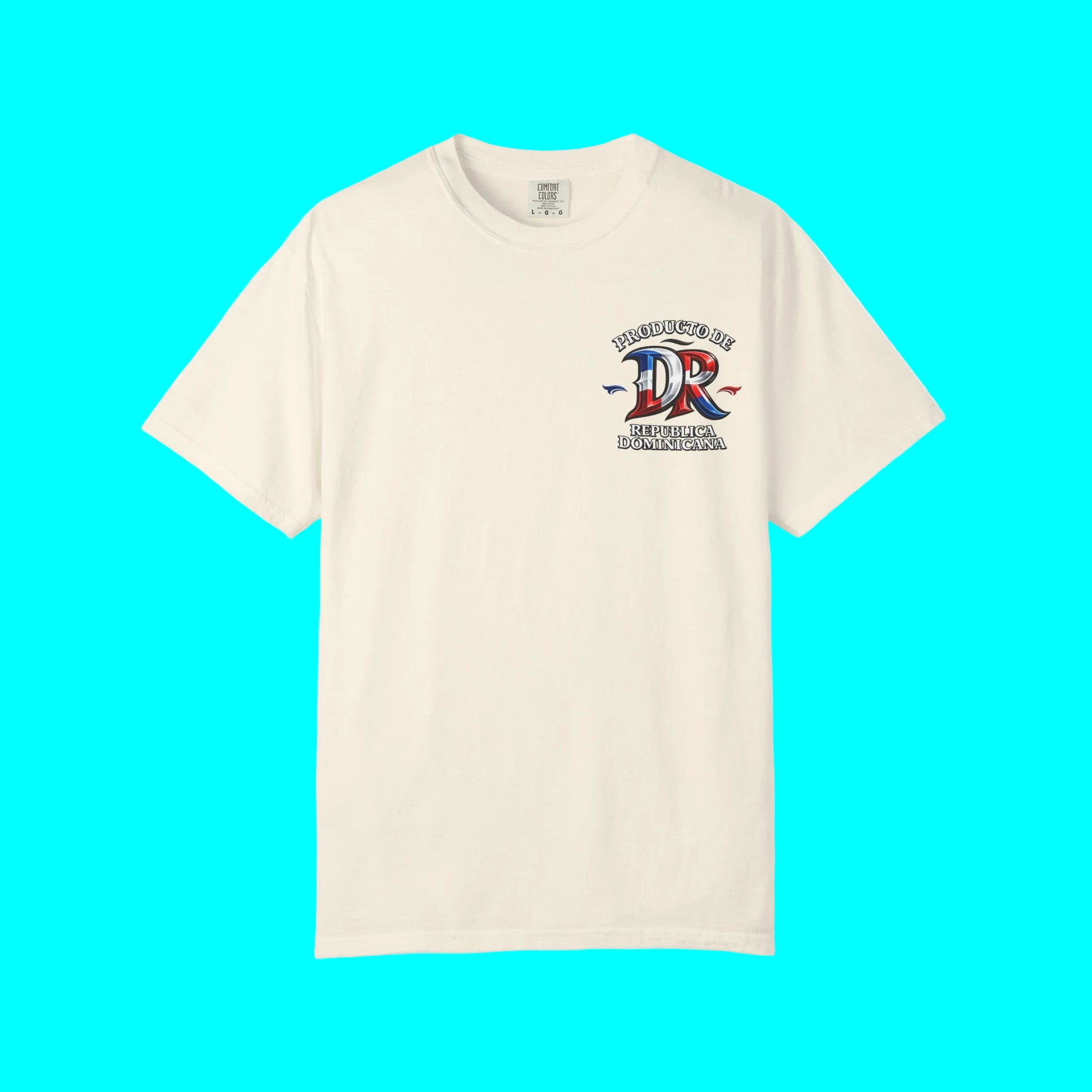 An off-white short-sleeve crewneck t-shirt with a small graphic on the left chest featuring a stylized 'DR' logo in red, white, and blue with the text 'DEMONSTRATOR DR' and 'DEMONSTRATOR DR LICENSED BRAND'.