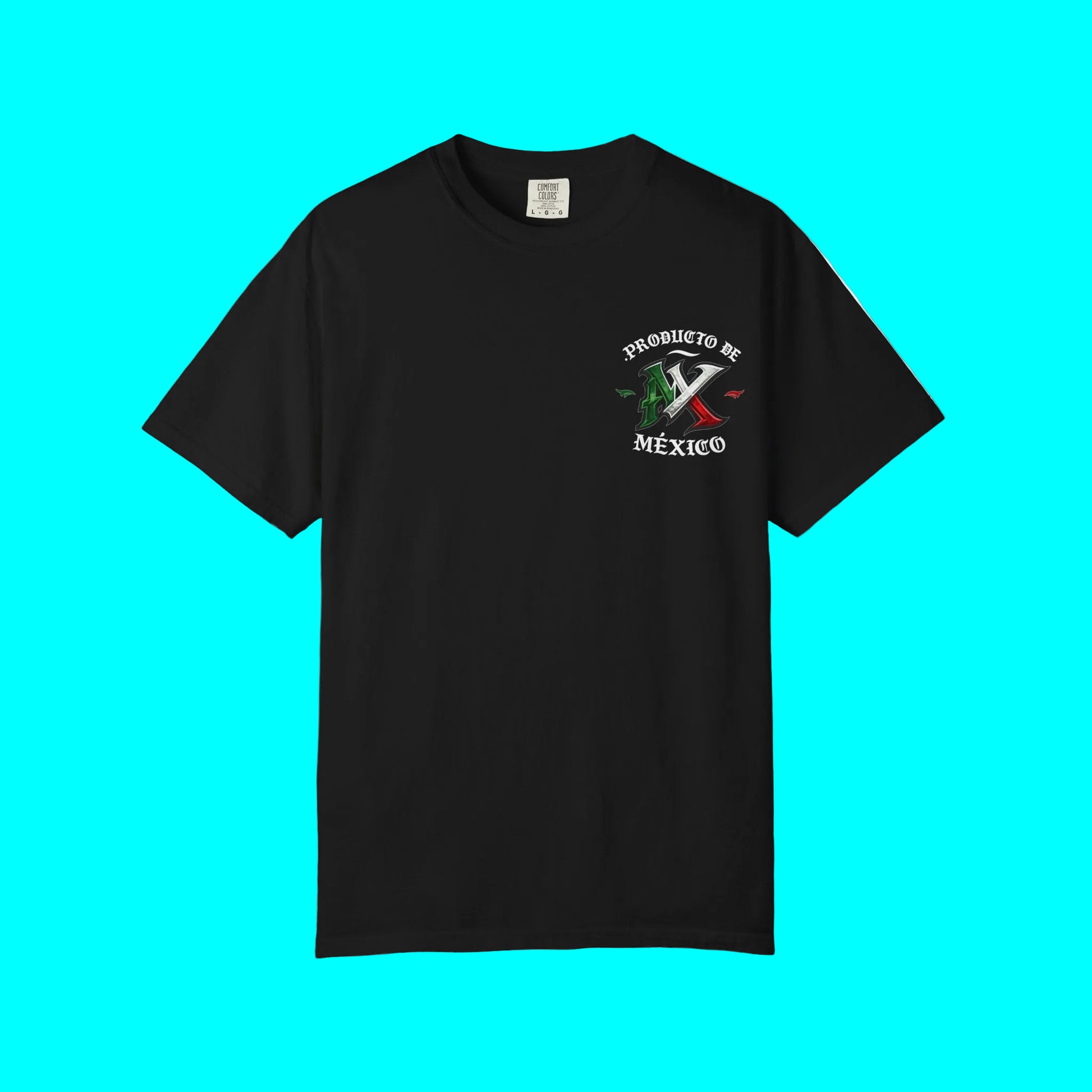 A black short-sleeve crewneck t-shirt with a small graphic on the left chest featuring the text 'PROBEMENTE DE MÉXICO' and a green and red axe design, displayed on a clean white background.
