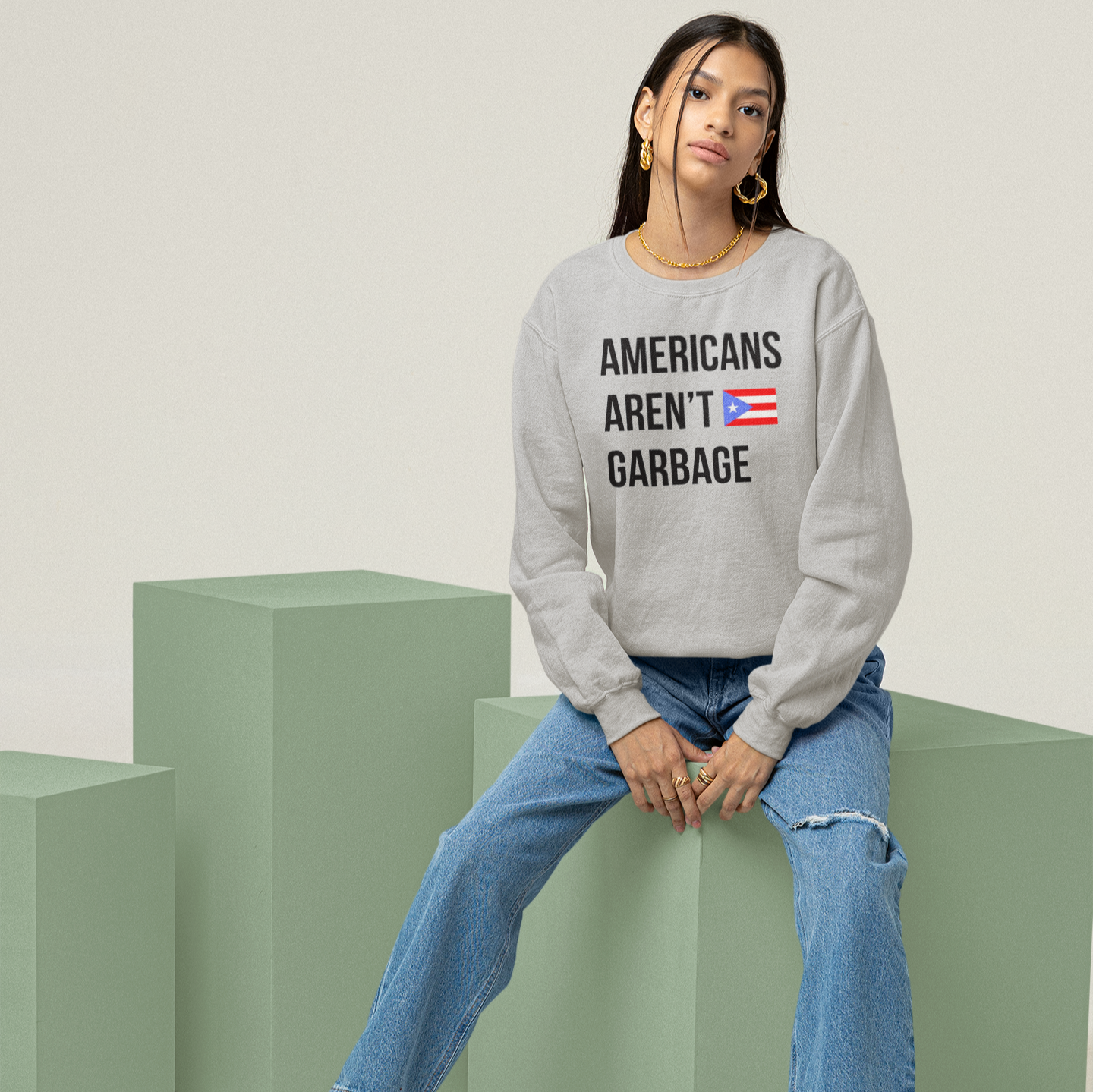 Americans Aren't Garbage Puerto Rican Pride Crewneck Sweatshirt | PR Se Respeta Flag Boriqua | Funny Latino | 4 Colors Available